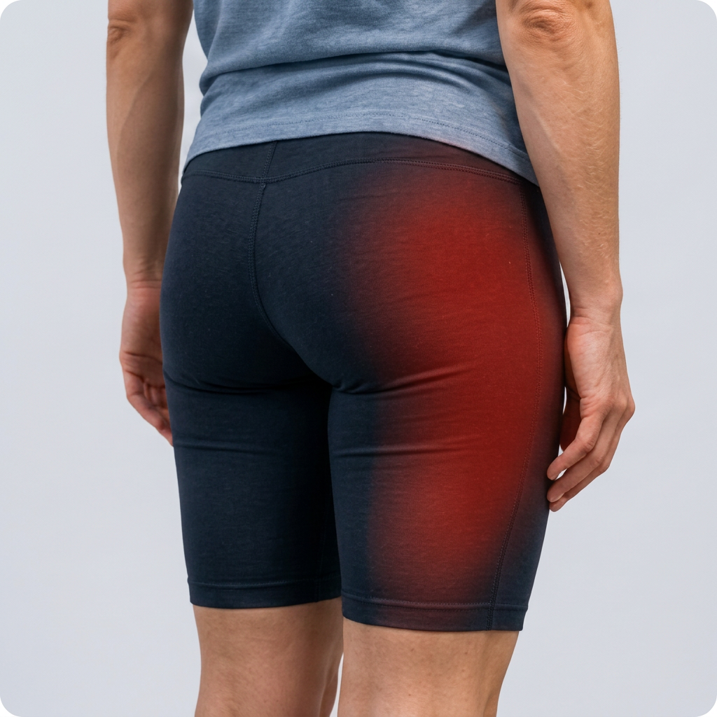 Typical location of pain from greater trochanteric pain syndrome over the outside of the hip and lateral thigh.