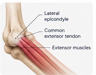 Anatomy of the elbow showing the lateral epicondyle, common extensor tendon and forearm extensor muscles.