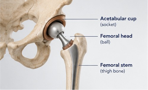 Anatomical illustration of a total hip replacement showing the acetabular cup, femoral head and femoral stem.