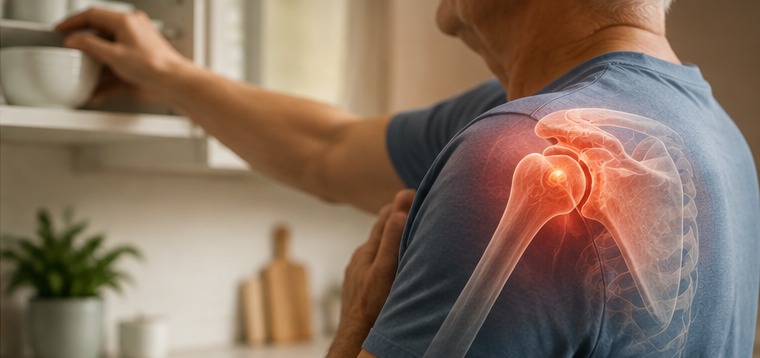 A man reaching into a kitchen cupboard with the shoulder joint glowing red to indicate arthritic pain.
