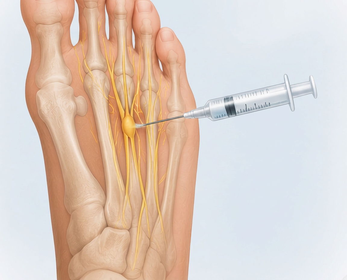 Illustration of a needle delivering a steroid injection around the affected nerve in the forefoot.