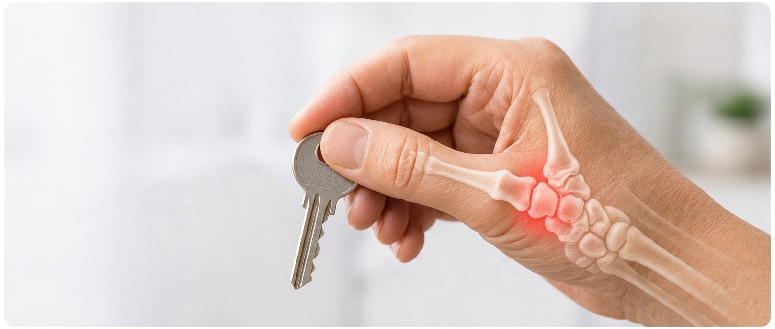 A hand pinching a key with the arthritic carpometacarpal joint at the base of the thumb highlighted in red.
