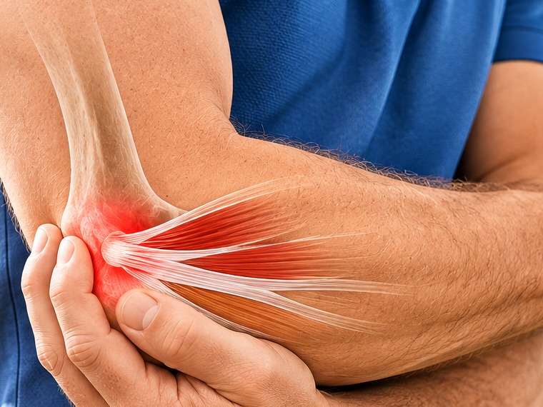 A person holding the inside of their elbow with the common flexor tendon highlighted in red.