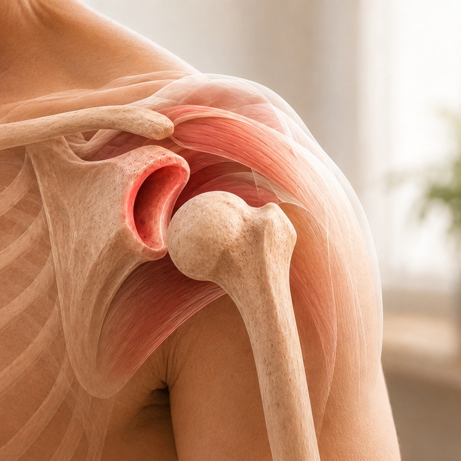 Anatomical render of a shoulder joint with the glenoid labrum highlighted in red, illustrating shoulder instability.
