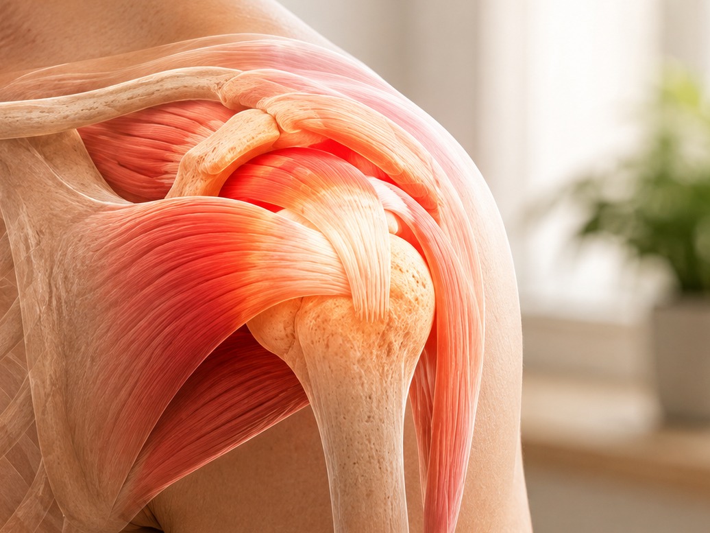 Anatomical overlay of a shoulder with the rotator cuff tendons highlighted in red, illustrating a rotator cuff tear.
