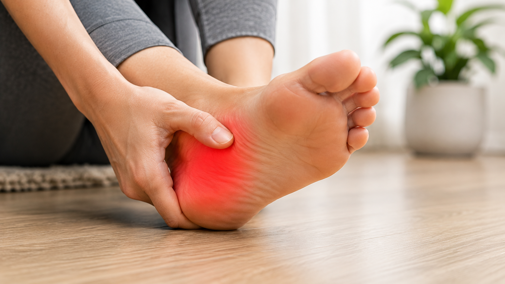 A person holding the underside of their painful heel while sitting barefoot, illustrating plantar fasciitis.