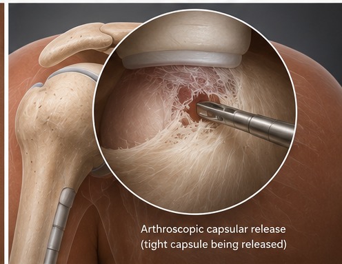 Arthroscopic view of a tight shoulder capsule being released with a surgical instrument.