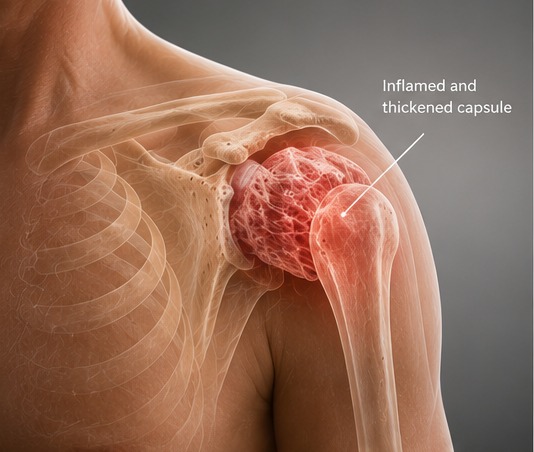 Anatomical illustration of a shoulder joint with the inflamed and thickened capsule labelled and highlighted in red.