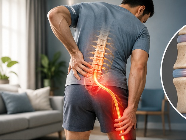 Adult holding the lower back with the sciatic nerve highlighted in red travelling down the leg.