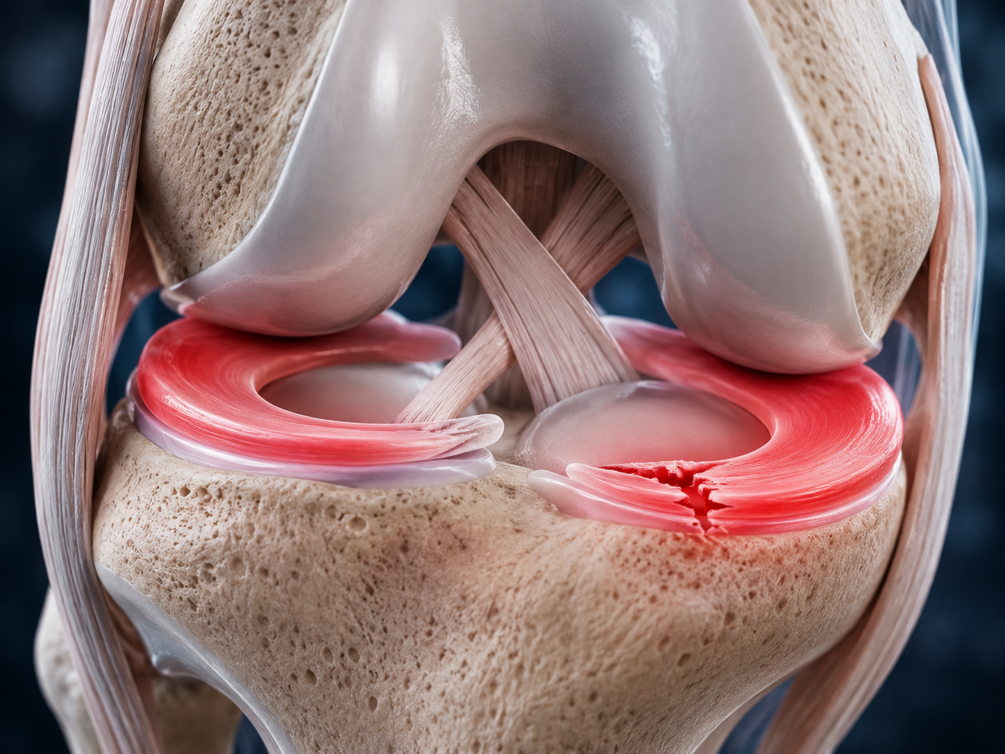 Anatomical illustration of the knee joint showing a torn meniscus between the femur and tibia.