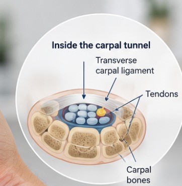 Cross-sectional illustration of the carpal tunnel showing the transverse carpal ligament, flexor tendons, carpal bones and the compressed median nerve.