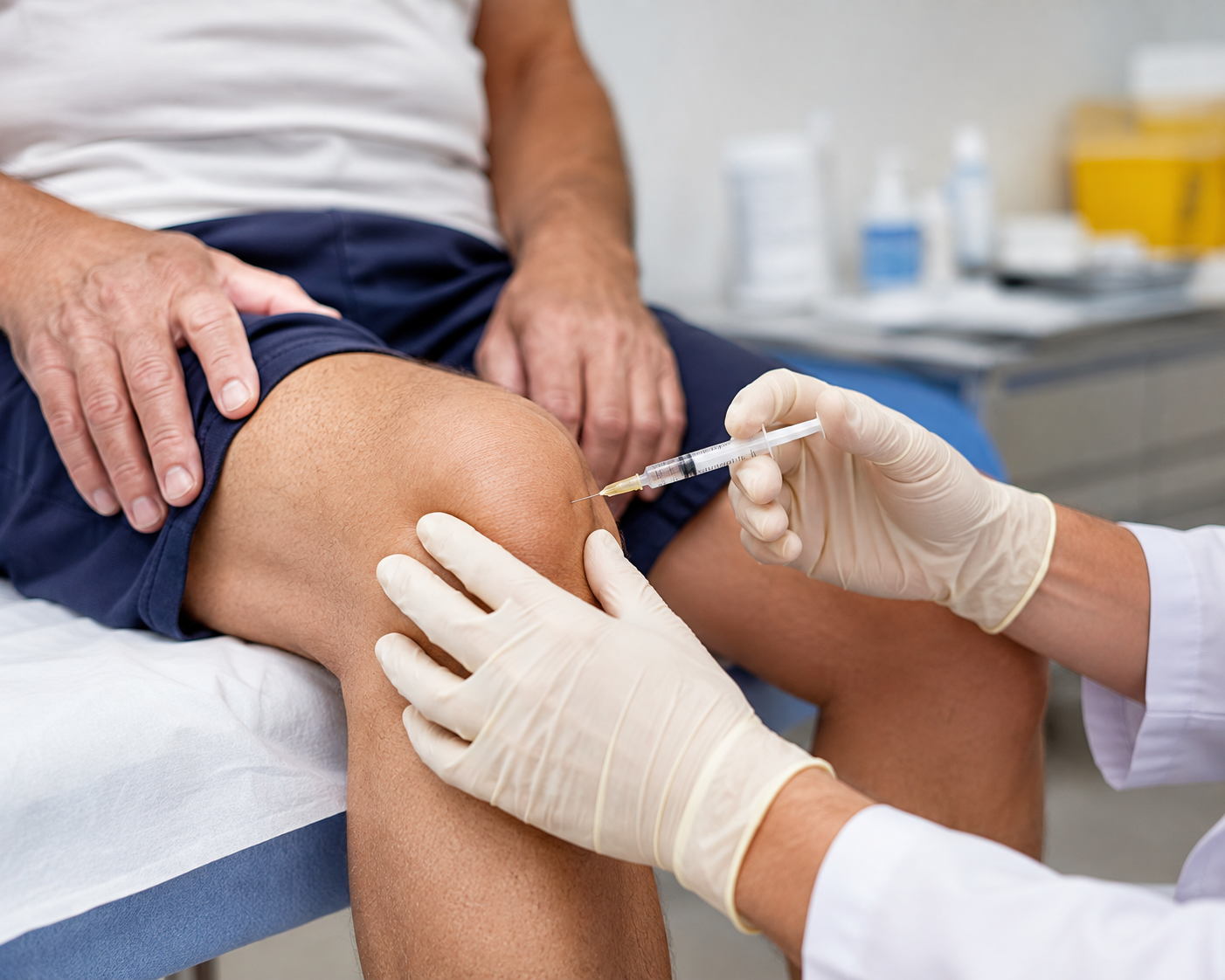 A clinician performing a steroid injection into an arthritic knee joint.