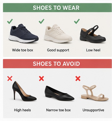 Comparison chart showing supportive shoes with a wide toe box to wear, and high heels or narrow shoes to avoid.
