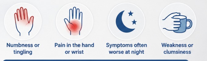 Icons showing the four commonest features of carpal tunnel syndrome: numbness or tingling, pain in the hand or wrist, symptoms worse at night, and weakness or clumsiness.