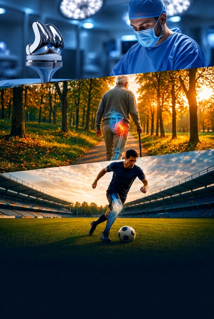 A knee replacement implant with a surgeon operating, an older man walking in a park with a hip X-ray overlay and a footballer running with a knee X-ray overlay