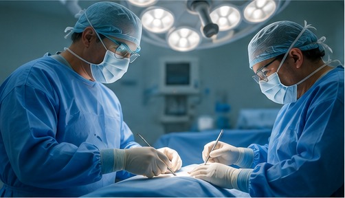 Two surgeons in blue scrubs operating under theatre lights during a hip replacement.