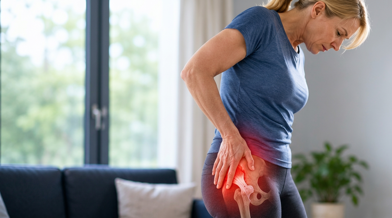 A woman holding the outside of her hip, the typical site of greater trochanteric pain syndrome.