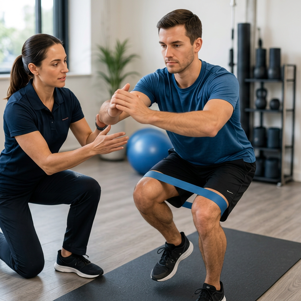 A physiotherapist coaching a patient performing a resistance band squat in a rehabilitation gym.