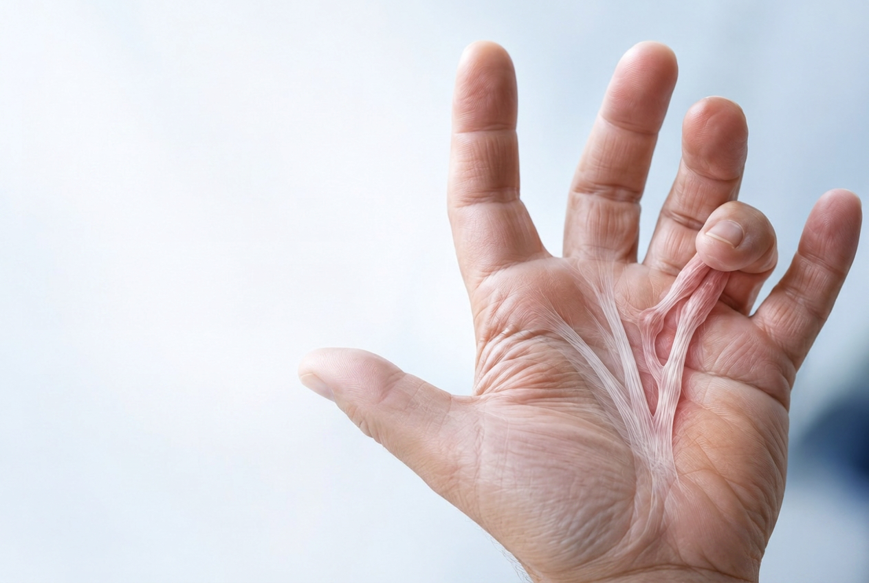Open palm with a semi-transparent overlay showing thickened Dupuytren's cords running from the palm into the ring and little fingers.