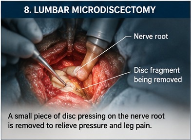 Microsurgical decompression of a lumbar nerve root during a lumbar microdiscectomy.