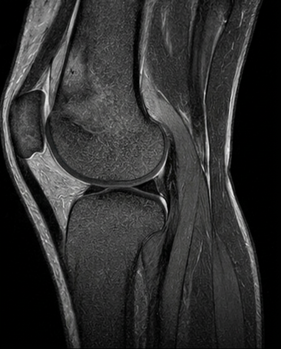 MRI scan of a knee after patellar dislocation showing MPFL injury and bone bruising on the femur and patella.