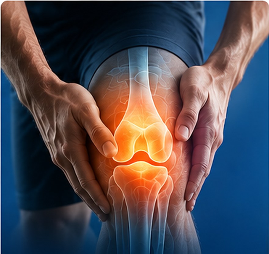 Anatomical illustration of the knee with the joint highlighted