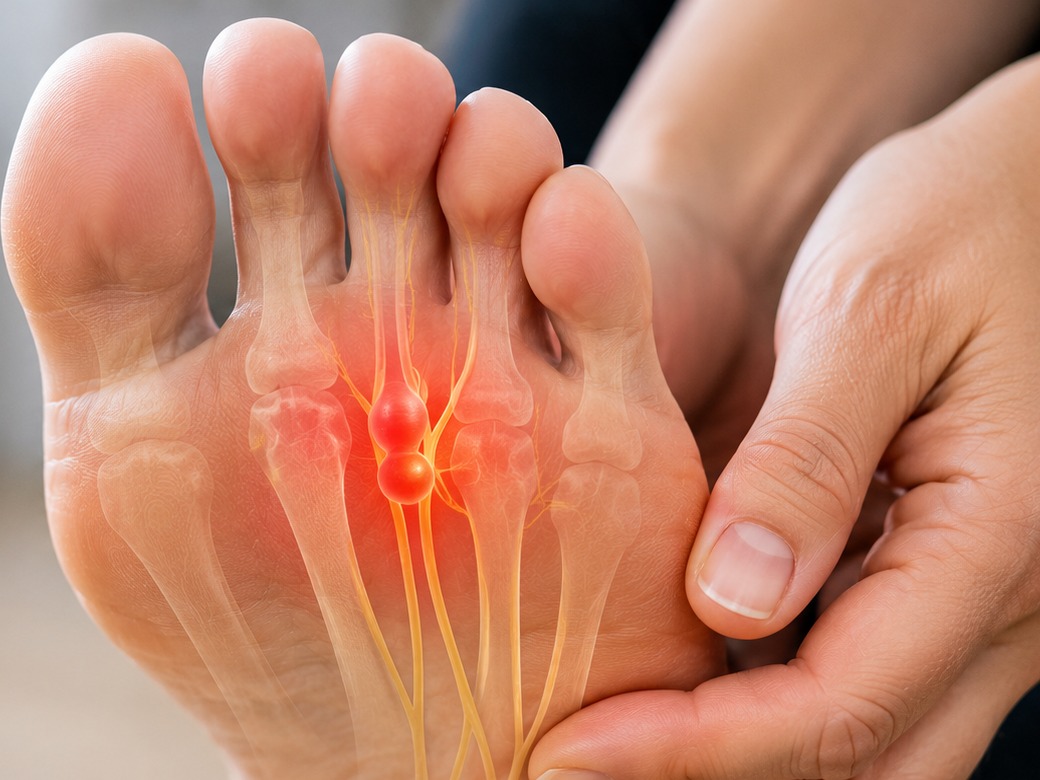 The sole of a foot with the nerve between the third and fourth toes highlighted in red, illustrating Morton's neuroma.