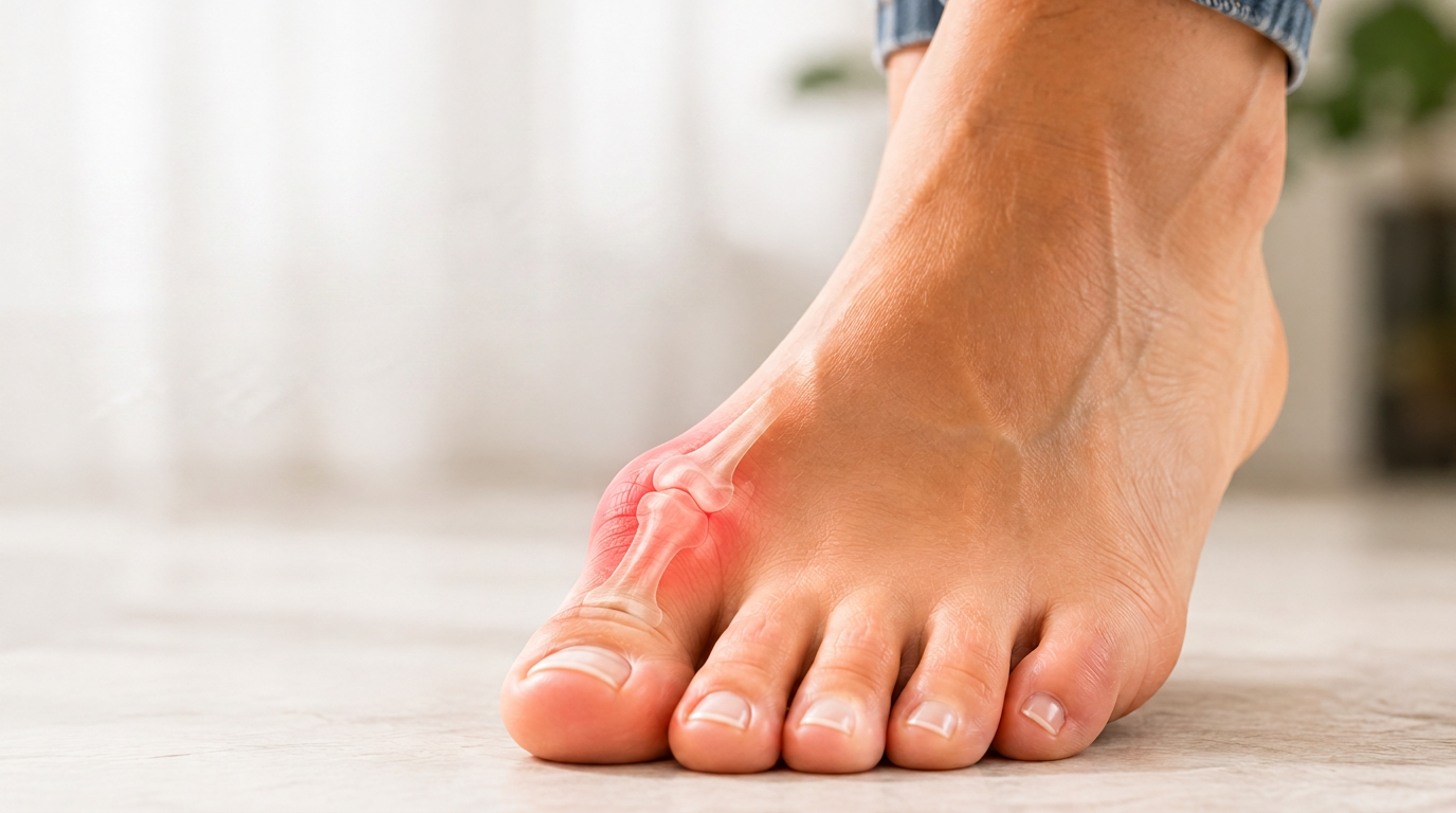 A bare foot with a red, inflamed bunion at the base of the big toe, illustrating hallux valgus.