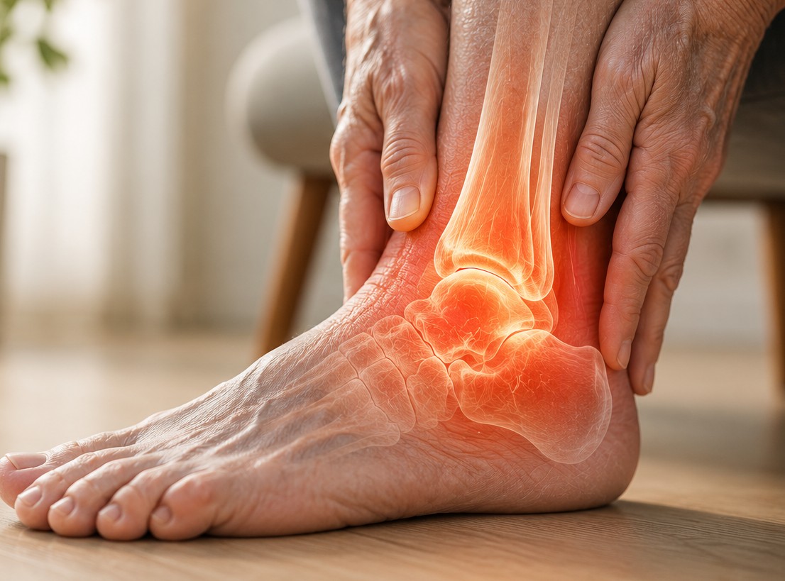 A person holding a painful ankle with the arthritic ankle joint highlighted in red.