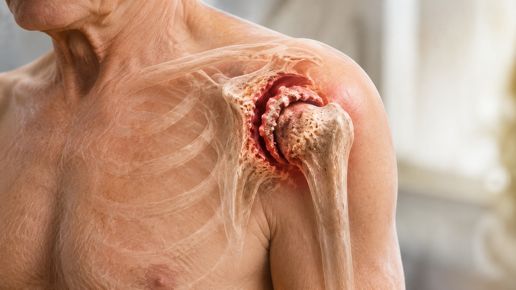 Anatomical overlay of an older adult's shoulder showing an arthritic glenohumeral joint with worn cartilage highlighted in red.