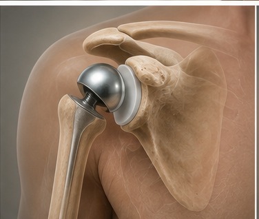 Anatomical illustration of an anatomical shoulder replacement, with a metal ball on the upper arm bone and a socket on the shoulder blade.