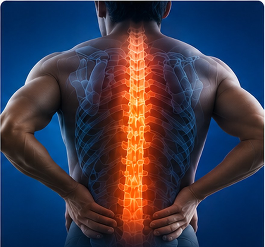 Anatomical illustration of the back and spine with the vertebrae highlighted