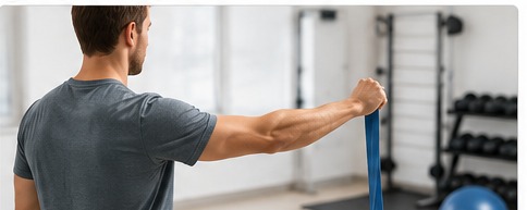 A man performing a resistance-band external rotation exercise in a gym as part of shoulder rehabilitation.