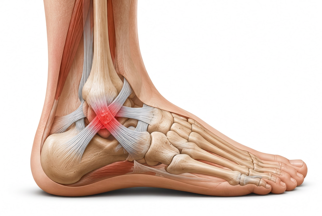 Medical illustration of the ankle showing the lateral ligaments with the injured area highlighted in red.