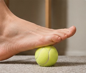 A bare foot rolling the arch over a tennis ball on the floor.