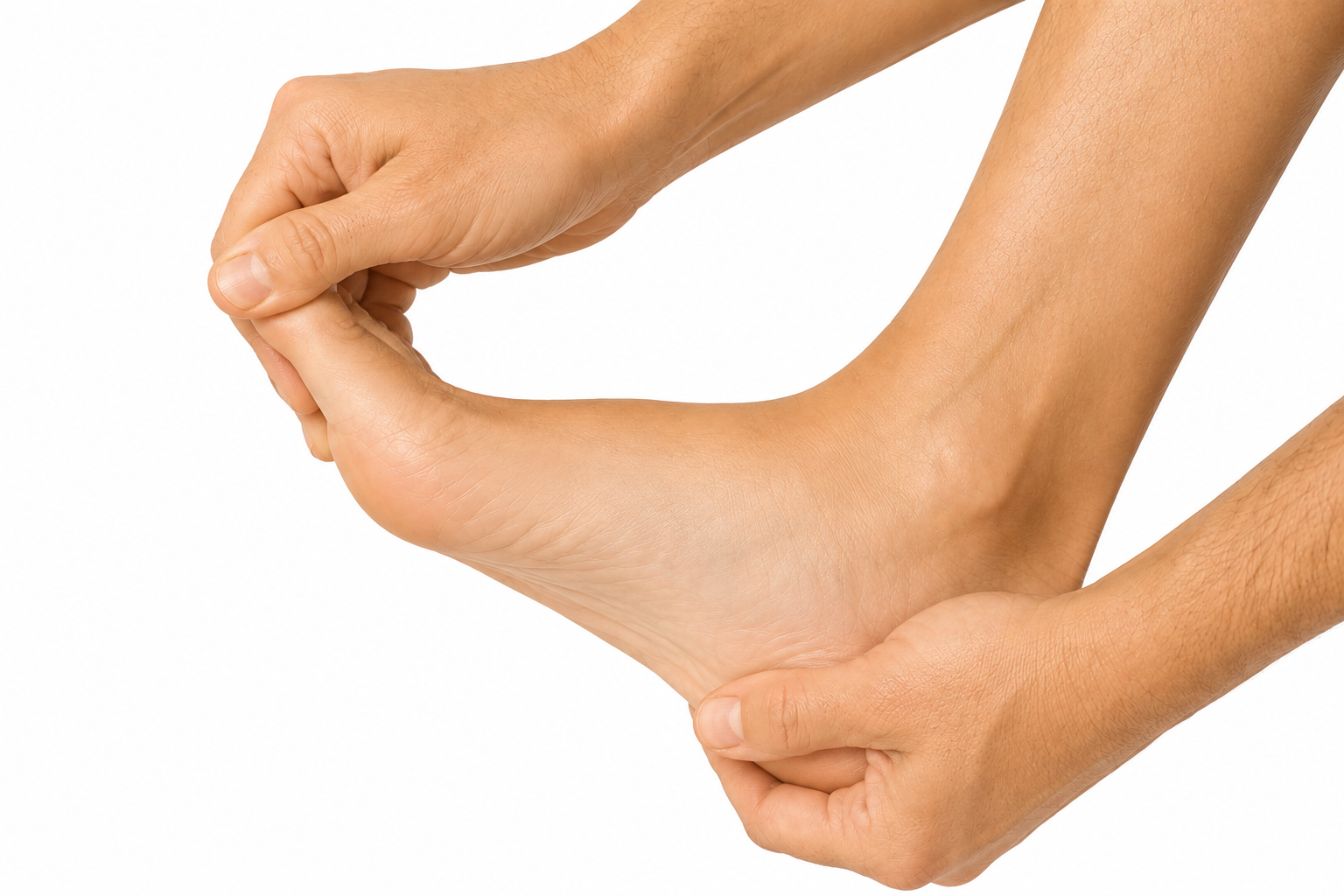 Hands pulling the toes back towards the shin to stretch the plantar fascia.