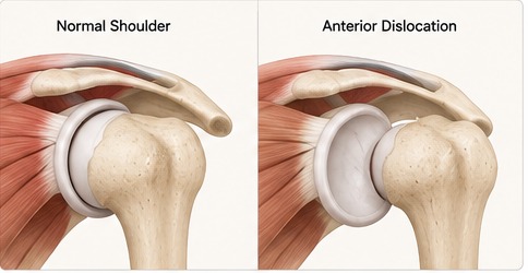 Side-by-side illustration of a normal shoulder and an anterior dislocation, showing the humeral head displaced forwards out of the glenoid socket.
