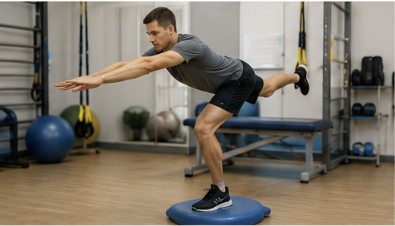 A man performing a single-leg balance exercise on a balance trainer during knee rehabilitation.