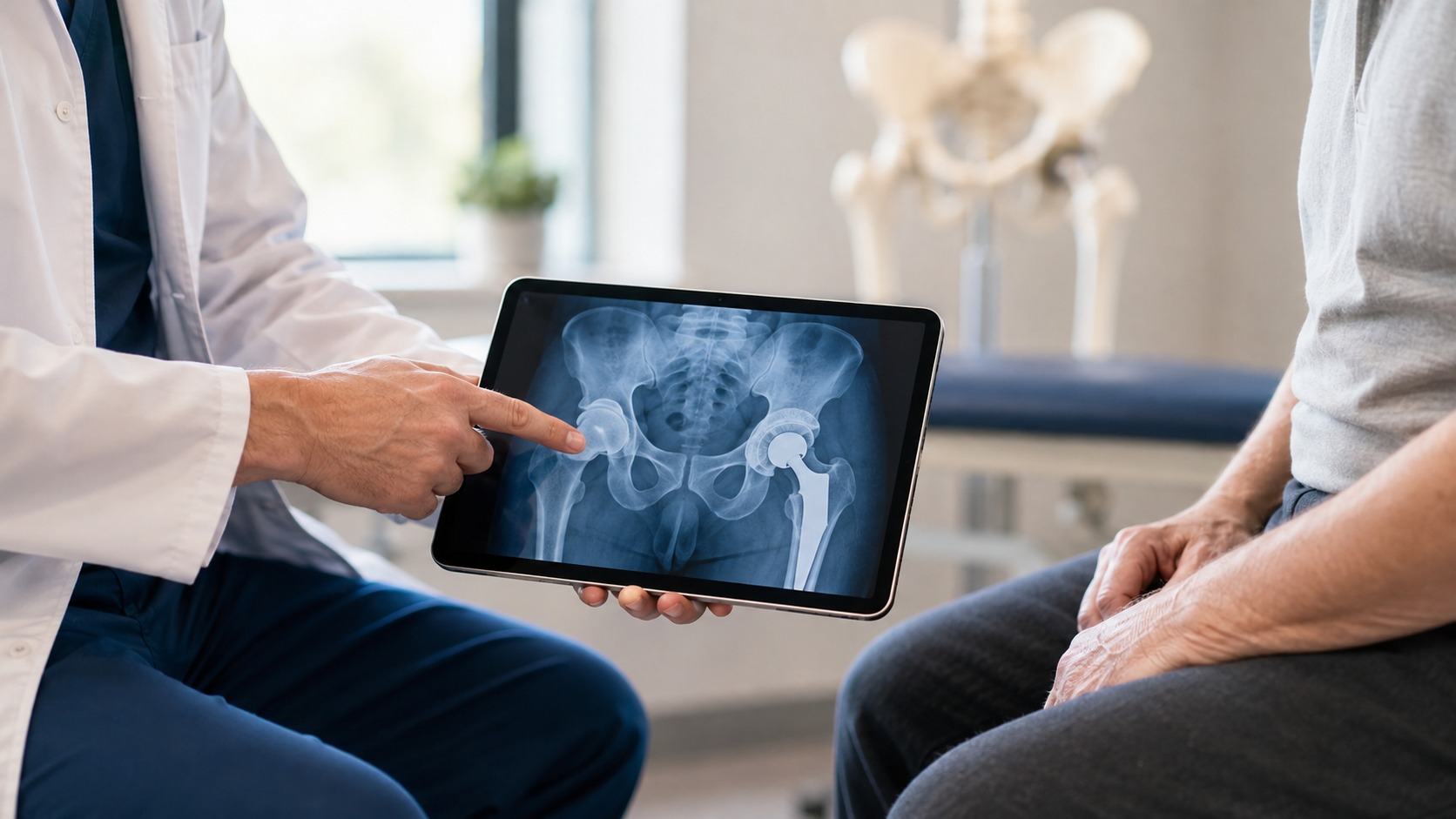 An orthopaedic surgeon showing a patient an X-ray of the pelvis with a total hip replacement on a tablet.