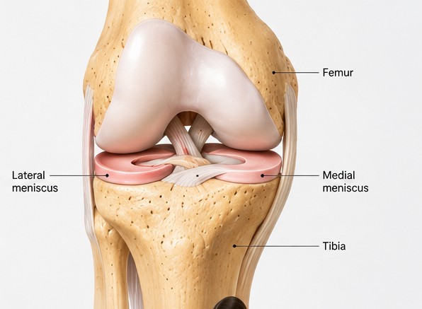 Anatomical illustration of the knee joint showing the medial and lateral menisci between the femur and tibia.
