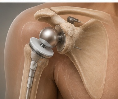 Anatomical illustration of a reverse shoulder replacement, with the ball fixed to the shoulder blade and the socket on the upper arm.