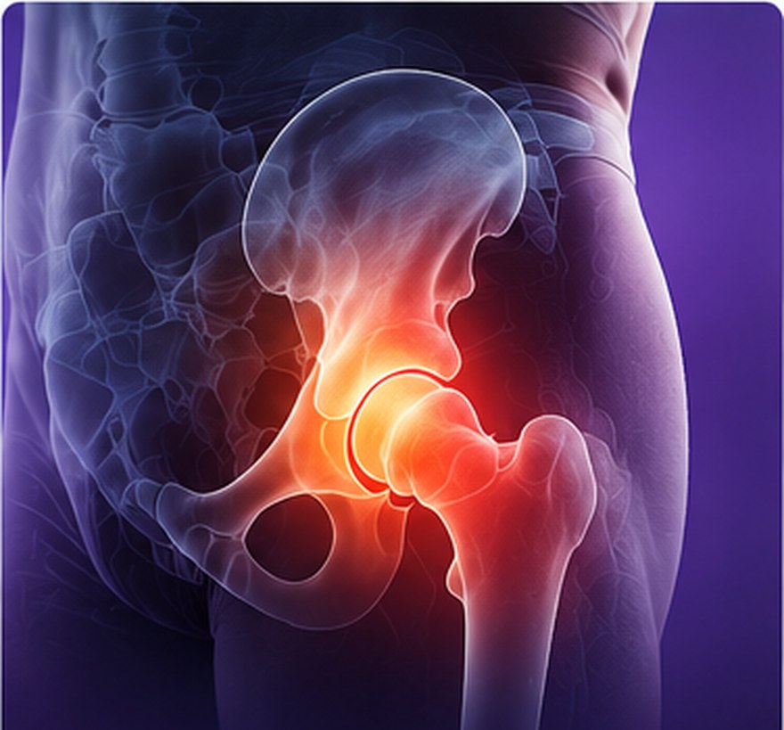 Anatomical illustration of the hip with the joint highlighted