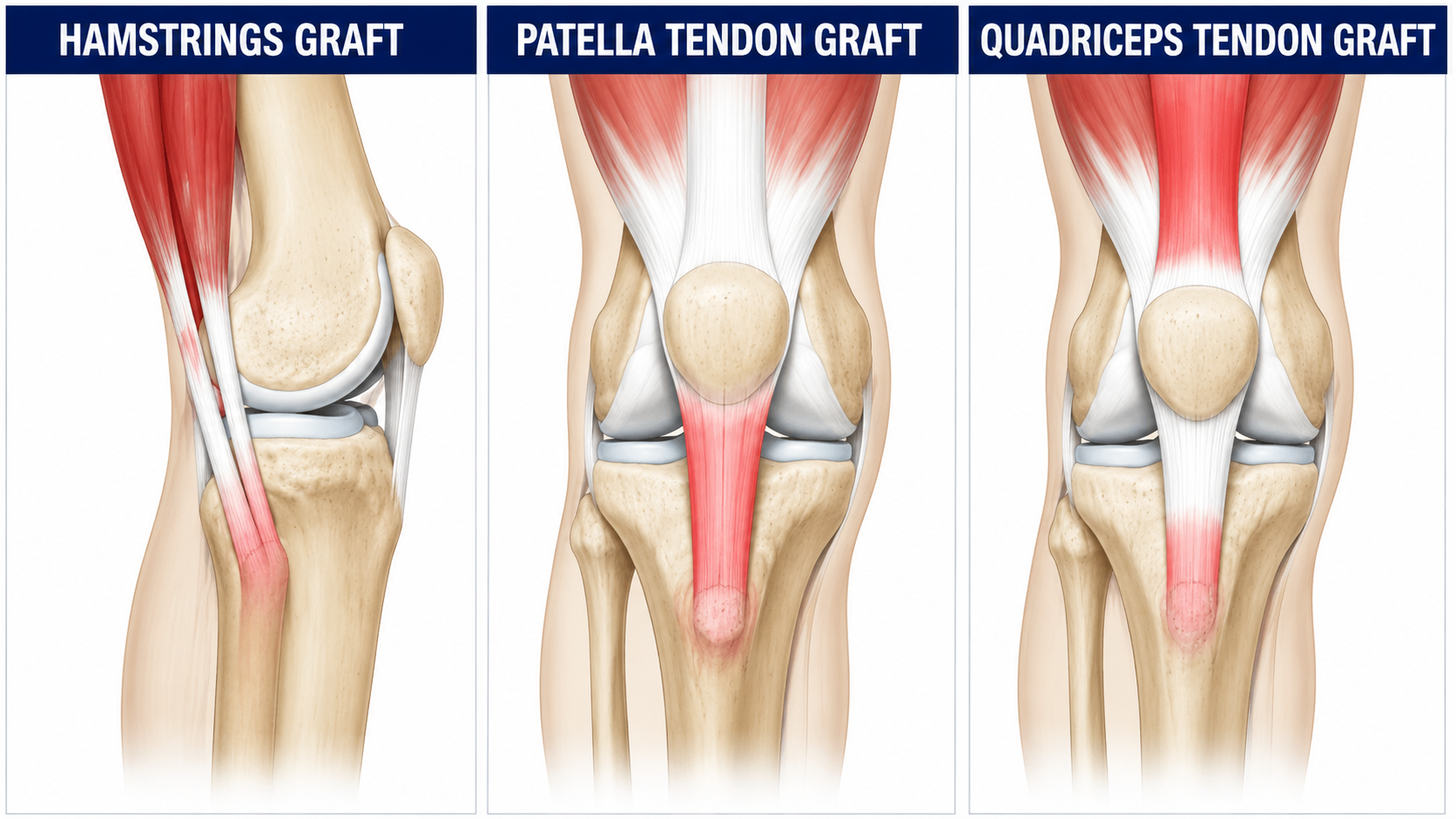 Illustration comparing hamstring tendon, patellar tendon and quadriceps tendon grafts used for ACL reconstruction.