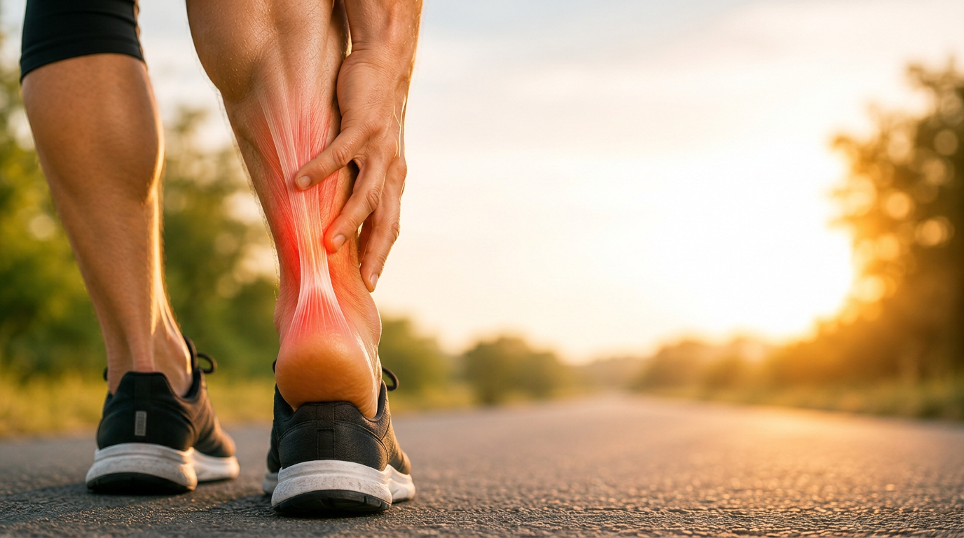 A runner standing on a road holding the back of their heel, with the Achilles tendon highlighted in red.