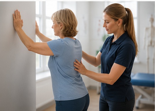 A physiotherapist guiding a woman through a wall slide exercise for her shoulder.
