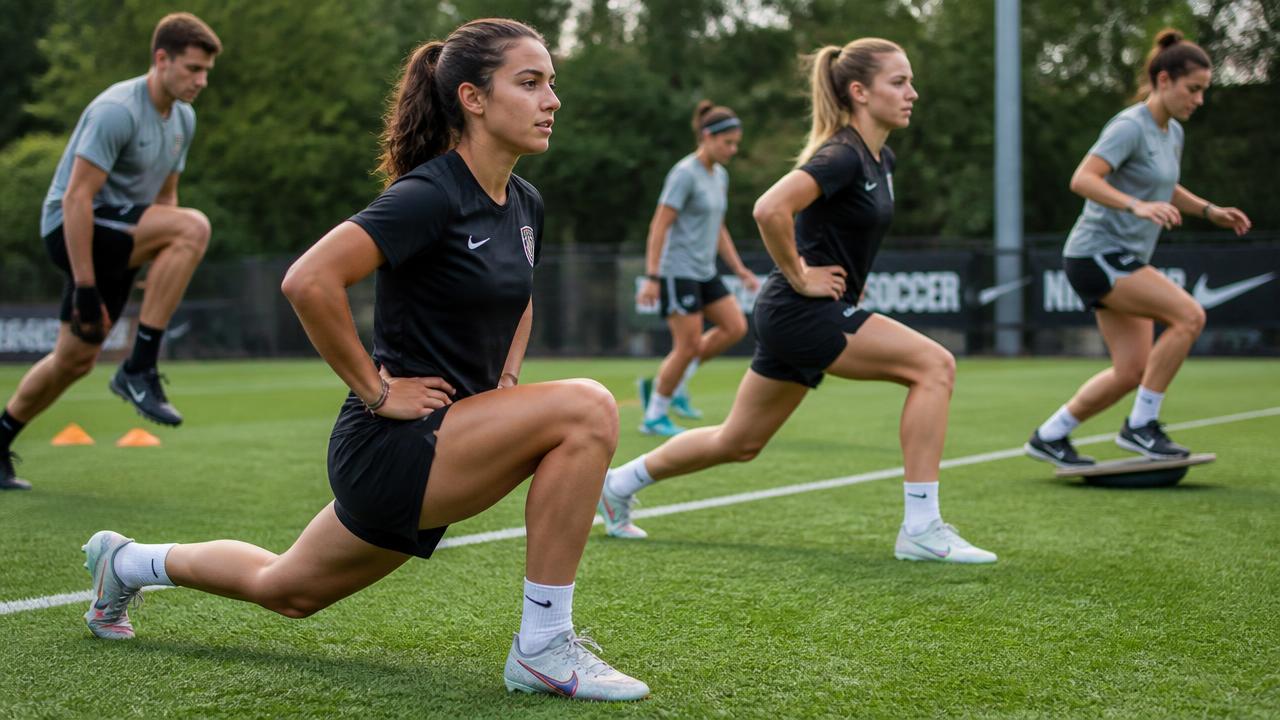 A group of athletes performing lunges and balance drills outdoors as part of an ACL injury-prevention programme.
