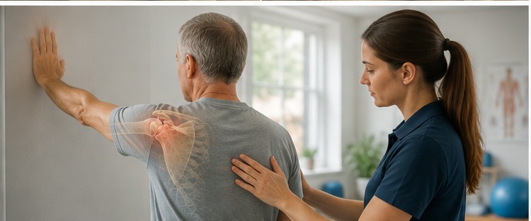 A physiotherapist guiding an older man through a wall slide exercise for his shoulder.