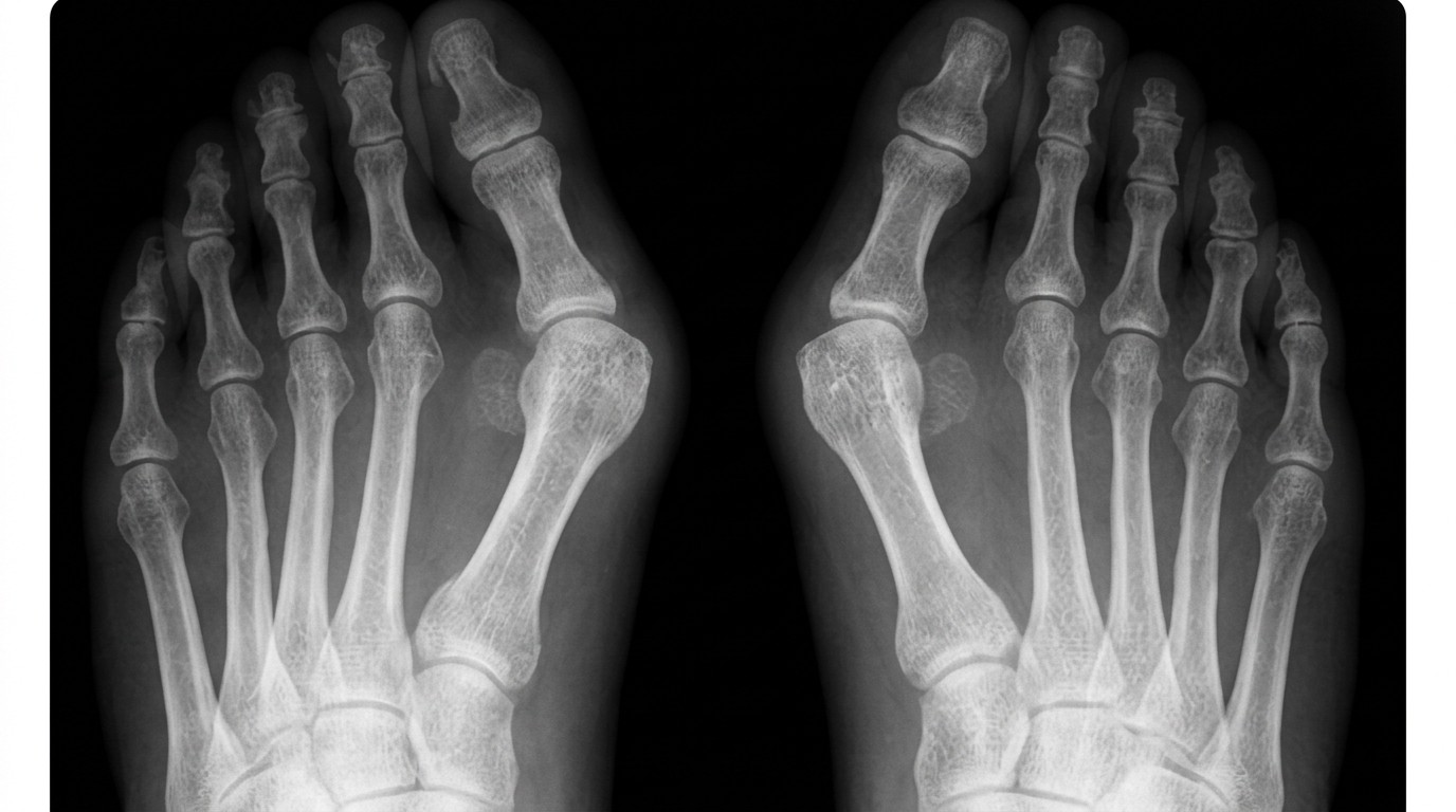 Weight-bearing X-rays of both feet showing a bunion deformity.