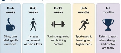 Timeline graphic showing recovery stages from 0-4 weeks in a sling through to return to sport at 6+ months.