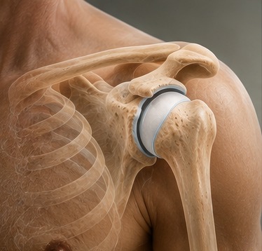 Anatomical illustration of a healthy shoulder joint with a smooth, even layer of cartilage between the humeral head and the glenoid.